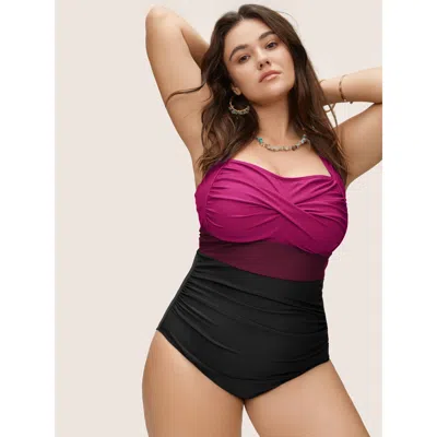 Bloomchic Women's Plus Size Contrast Twist Front Tummy-control One Piece Swimsuit Magenta Color Block Colorblo In Purple