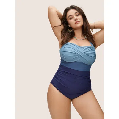 Bloomchic Women's Plus Size Contrast Twist Front Tummy-control One Piece Swimsuit Navy Color Block Colorblock  In Blue
