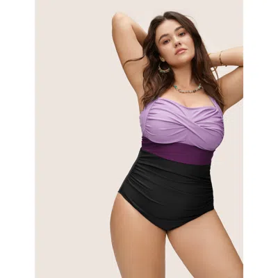 Bloomchic Women's Plus Size Contrast Twist Front Tummy-control One Piece Swimsuit Purple Color Block Colorbloc