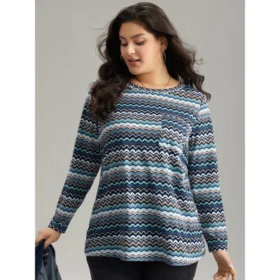 Bloomchic Women's Plus Size Contrast Wave Striped Patched Pocket T-shirt Multicolor Dailywear Long Sleeve 14-1