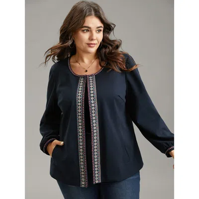 Bloomchic Women's Plus Size Contrast Webbing Floral Embroidered Jacket Midnight Lined 12/l In Blue
