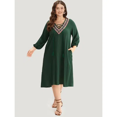 Bloomchic Women's Plus Size Contrast Webbing Lace Up High Low Hem Dress Darkgreen Dailywear Elastic Cuffs 14-1 In Green