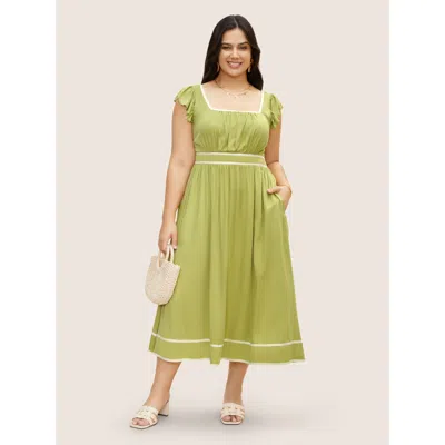 Bloomchic Women's Plus Size Contrast Webbing Ruffle Cap Sleeve Dress Lightgreen Non Midi Vacation Gathered 30/
