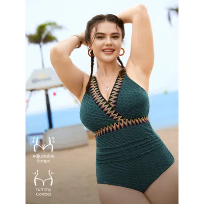 Bloomchic Women's Plus Size Contrast Webbing Wrap One Piece Swimsuit Cyan Solid Cable Knit Adaptive-fit 28/5x In Blue