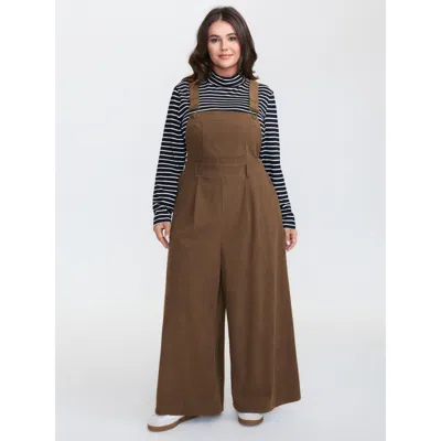 Bloomchic Women's Plus Size Corduroy Adjustable Shoulder Strap Jumpsuit Darkbrown Casual 12/l In Brown