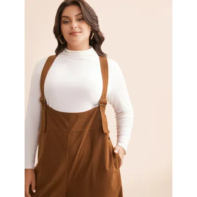 Bloomchic Women's Plus Size Corduroy Button Detail Adjustable Straps Jumpsuit Bronze Casual 26/4x In Brown