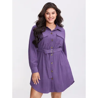 Bloomchic Women's Plus Size Corduroy Button-front Belted Shirt Mini Dress Darkviolet Non Short Casual Belted 2