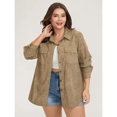 Bloomchic Women's Plus Size Corduroy Color Gradient Button-down Jacket Yellowishbrown Texture H-line 10/m