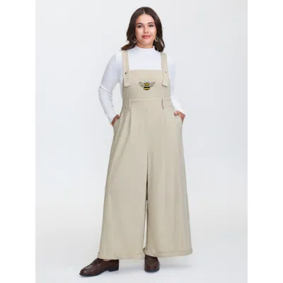 Bloomchic Women's Plus Size Corduroy Embroidered Adjustable Overall Jumpsuit Beige Casual 12/l In Sand