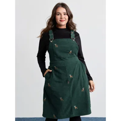 Bloomchic Women's Plus Size Corduroy Embroidered Adjustable Straps Knee Dress Darkgreen Animal Motif Mini Casu In Green