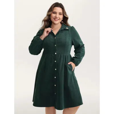 Bloomchic Women's Plus Size Corduroy Embroidered Midi Shirt Dress Darkgreen Non Knee Casual 30/6x In Green