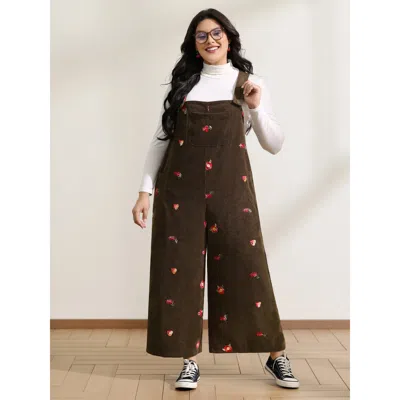 Bloomchic Women's Plus Size Corduroy Embroidered Patch Pocket Overall Jumpsuit Browncoffeecolor Casual 10/m
