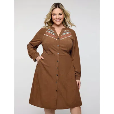 Bloomchic Women's Plus Size Corduroy Embroidered Pockets Button Midi Dress Yellowishbrown Synthetic Texture Kn