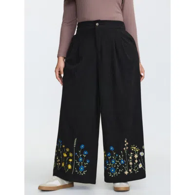 Bloomchic Women's Plus Size Corduroy Floral Embroidered Hem Wide-leg Pants Black Solid Fit & Flare Mid Rise Ca