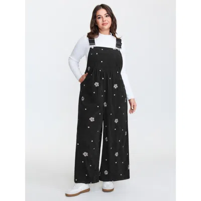 Bloomchic Women's Plus Size Corduroy Floral Embroidered Overall Jumpsuit Black Casual 12/l