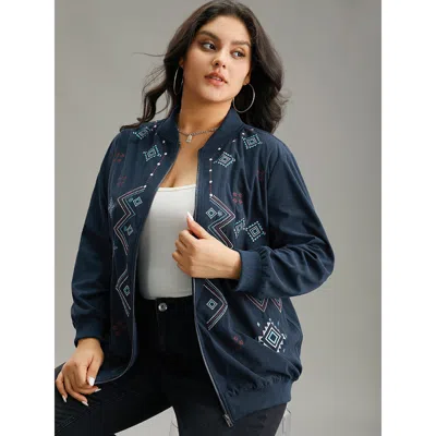 Bloomchic Women's Plus Size Corduroy Geo Embroidered Zipper Fly Jacket Indigo Elastic Cuffs 12/l In Purple