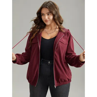 Bloomchic Women's Plus Size Corduroy Hooded Flap Pocket Ties Jacket Burgundy Elastic Cuffs 18-20/2x