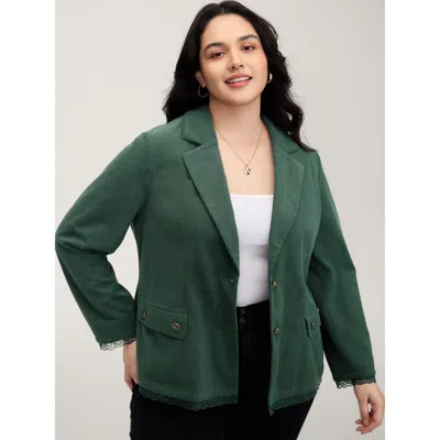 Bloomchic Women's Plus Size Corduroy Lace Trim Button Detail Blazer Truegreen Woven Ribbon&lace Trim Sleeve Lo
