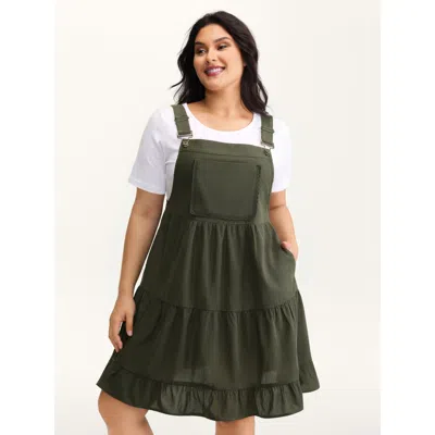 Bloomchic Women's Plus Size Corduroy Lace Trim Overall Strap Mini Dress Armygreen Solid Mini Casual Ruched 28/