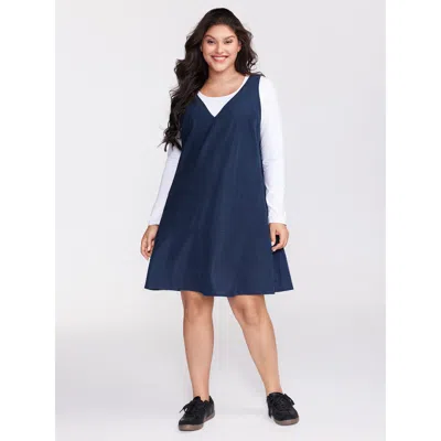 Bloomchic Women's Plus Size Corduroy Overall A-line Adjustable Mini Dress Indigo Non Short Casual 10/m In Purple