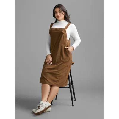 Bloomchic Women's Plus Size Corduroy Patched Pocket Button Detail Dress Browncoffeecolor Non Midi Everyday Tex