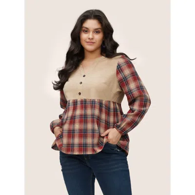 Bloomchic Women's Plus Size Corduroy Patchwork Plaid Notched Button Detail Blouse Multicolor Vacation Long Sle