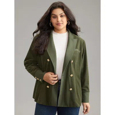 Bloomchic Women's Plus Size Corduroy Patchwork Suit Collar Metal Detail Blazer Armygreen Plain Texture Sleeve 
