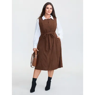 Bloomchic Women's Plus Size Corduroy Placket Belted Midi Dress Browncoffeecolor Solid Midi Office Lace-up 30/6