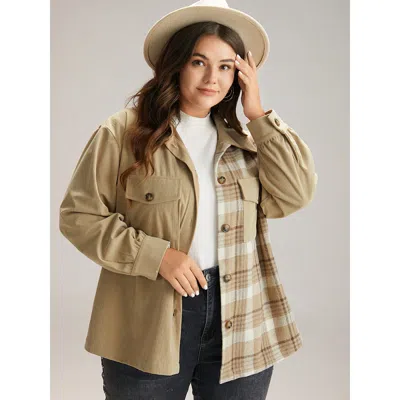 Bloomchic Women's Plus Size Corduroy Plaid Patchwork Pocket Jacket Champagne Colorblock 10/m In Gold
