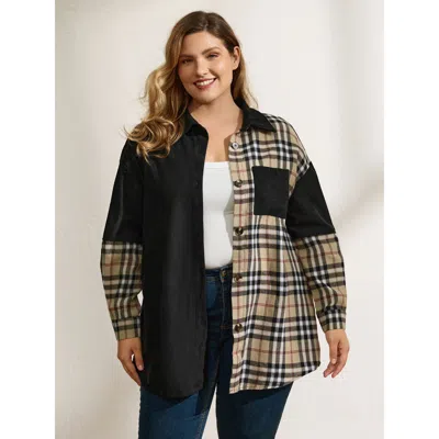 Bloomchic Women's Plus Size Corduroy Plaid Print Contrast Jacket Black Texture H-line 10/m