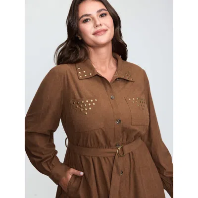 Bloomchic Women's Plus Size Corduroy Rivets Belted Waist Midi Shirt Dress Yellowishbrown Non Knee Casual Tie K