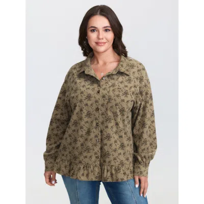 Bloomchic Women's Plus Size Corduroy Ruffled Button-down Shirt Bronze Casual Long Sleeve 12/l In Brown
