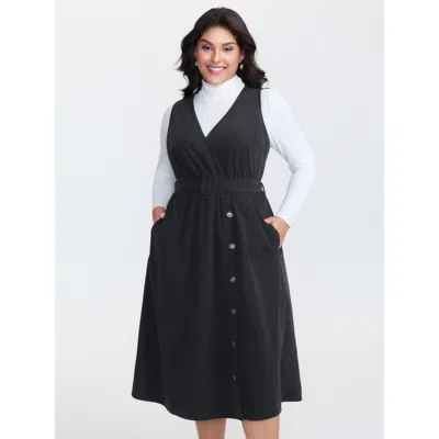 Bloomchic Women's Plus Size Corduroy Sleeveless Belted Side Midi Dress Black Synthetic Texture Midi Casual Ove