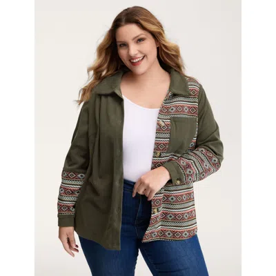 Bloomchic Women's Plus Size Corduroy Spliced Yarn-dyed Contrast Jacket Armygreen Texture H-line 10/m