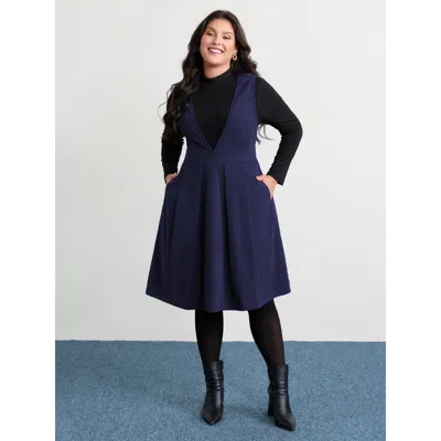 Bloomchic Women's Plus Size Corduroy Stretchy Waist V-neck Mini Dress Indigo Non Midi Elegant Cable Knit 10/m In Purple