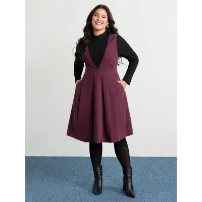Bloomchic Women's Plus Size Corduroy Stretchy Waist V-neck Mini Dress Plum Non Midi Elegant Cable Knit 12/l In Purple