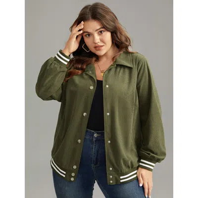 Bloomchic Women's Plus Size Corduroy Striped Trim Button Up Jacket Armygreen Elastic Cuffs 10/m