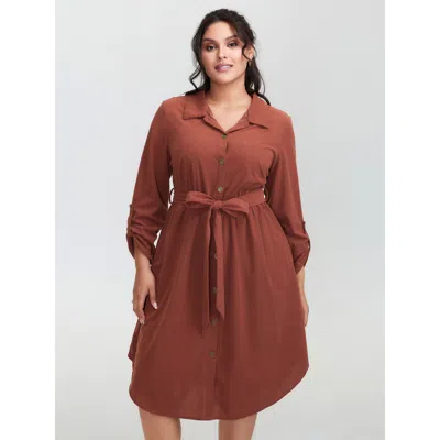 Bloomchic Women's Plus Size Corduroy Tab Sleeve Belted Midi Dress Rust Non Midi Elegant Belted 30/6x In Brown