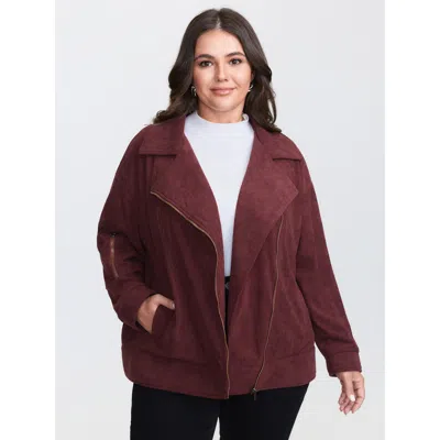 Bloomchic Women's Plus Size Corduroy Zipper Notched Lapels Pocket Jacket Burgundy Texture H-line 12/l