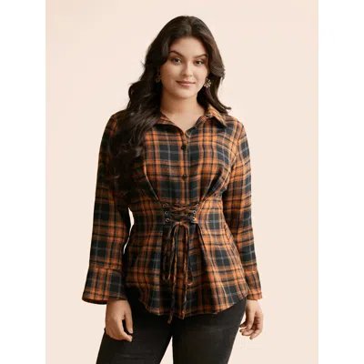 Bloomchic Women's Plus Size Corset Plaid Waist-cinching Blouse Orangered Plaid Elegant Long Sleeve 14-16/1x