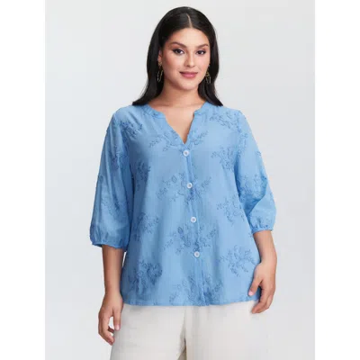 Bloomchic Women's Plus Size Cotton 3d Floral Embroidered Button-down Knit Top Lightblue 3/4 Sleeve Elegant 10/ In Blue