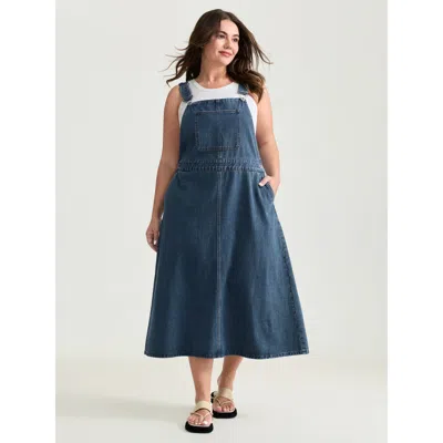 Bloomchic Women's Plus Size Cotton Adjustable Back Slit Overall Midi Denim Dress Midblue Midi Casual H-line 10