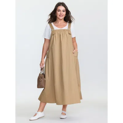 Bloomchic Women's Plus Size Cotton Adjustable Pockets Overall Maxi Dress Lightbrown Non Midi Casual Grommets 1 In Brown