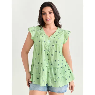 Bloomchic Women's Plus Size Cotton Anchor Print Lace Ruffled Sleeve Blouse Lightgreen Ditsy Floral Casual Shor