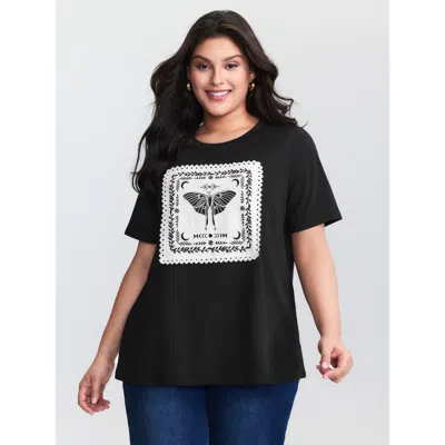 Bloomchic Women's Plus Size Cotton Appliqué Embroidery Lace Trim T-shirt Black Non Casual Short Sleeve 12/l