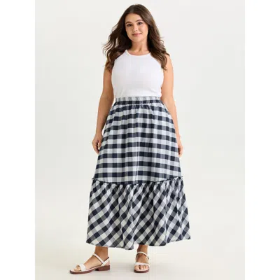 Bloomchic Women's Plus Size Cotton Asymmetrical Check Print Pockets Maxi Skirt Indigo Smocked Non Casual 10/m In Purple