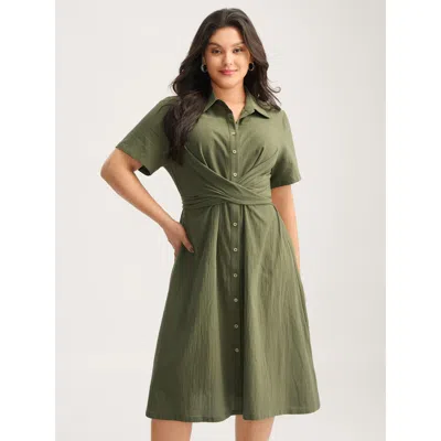 Bloomchic Women's Plus Size Cotton Back-tie Overlap Shirt Dress Armygreen Solid Midi Office Button Front 28/5x