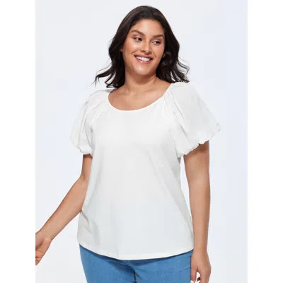 Bloomchic Women's Plus Size Cotton Balloon Sleeve Round Neck Spliced T-shirt Originalwhite Solid Casual Short 