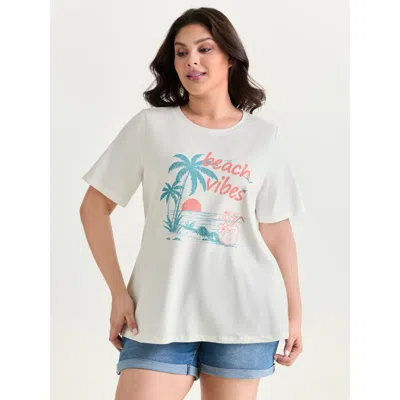 Bloomchic Women's Plus Size Cotton Beach Vibes Print T-shirt Originalwhite Solid Casual Short Sleeve Round Nec