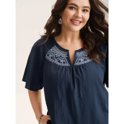Bloomchic Women's Plus Size Cotton Boho Embroidered Neck Shirred Shoulder Blouse Indigo Solid Vacation Short S In Purple